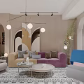 Stylish Living And Dining Room Interior With Colorful Sofas Geometric Rug And Hanging Lights