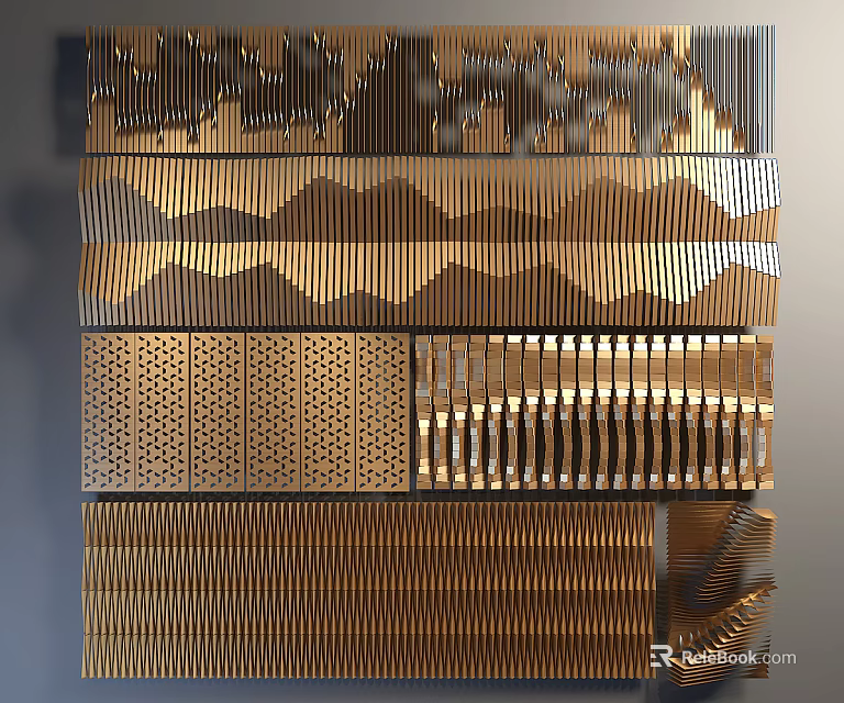 Modern Gold Decorative Wall With Textured Wavy Mountain And Perforated Patterns 3d model