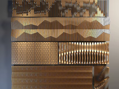 Modern Gold Decorative Wall With Textured Wavy Mountain And Perforated Patterns 3d model