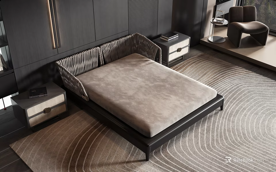 Modern Minimalist Double Bed Design With Black Frame Gray Mattress And Nightstands 3d model 