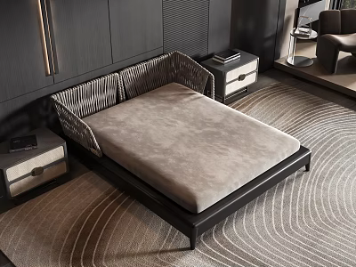 Modern Minimalist Double Bed Design With Black Frame Gray Mattress And Nightstands 3d model