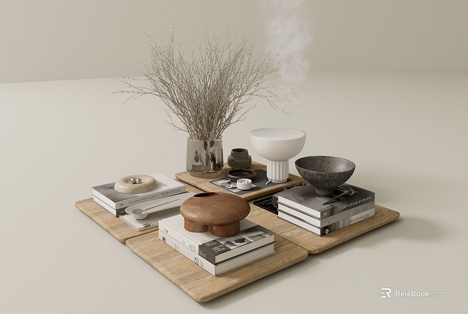 Minimalist Decorative Ornament Set with Wooden Tray Books Lidded Container Bowls and Dried Branch Vase 3d model 