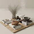 Minimalist Decorative Ornament Set with Wooden Tray Books Lidded Container Bowls and Dried Branch Vase