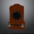 Vintage Red Telephone Booth With Circular Black Window And White Horn Speakers