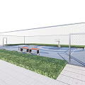 Basketball Court Design With Blue Surface Circular Patterns Fence And Grass Surroundings