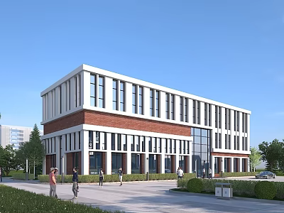 Modern Multi Storey Industrial Factory Building With Brick Glass Facade Landscaped Surroundings And Pedestrians Vehicles 3d model