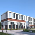 Modern Multi Storey Industrial Factory Building With Brick Glass Facade Landscaped Surroundings And Pedestrians Vehicles