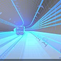 Futuristic High Speed Train Moving Through Blue Lines Grid Structure Tunnel 3d model