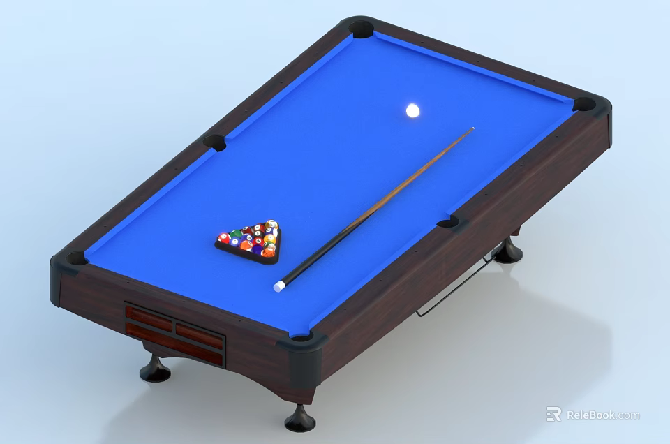 Professional Billiard Table With Blue Felt Surface Wooden Frame Cue Stick And Colored Balls 3d model 