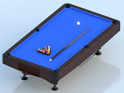 Professional Billiard Table With Blue Felt Surface Wooden Frame Cue Stick And Colored Balls 3d model