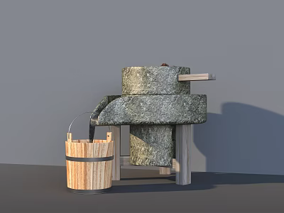 Traditional Stone Mill Garden Ornament Featuring Wooden Bucket and Rustic Design 3d model