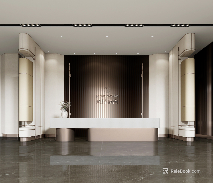 Modern Store Front Desk Design With Wooden Striped Backdrop And Marble Counter 3d model 
