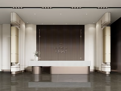 Modern Store Front Desk Design With Wooden Striped Backdrop And Marble Counter 3d model