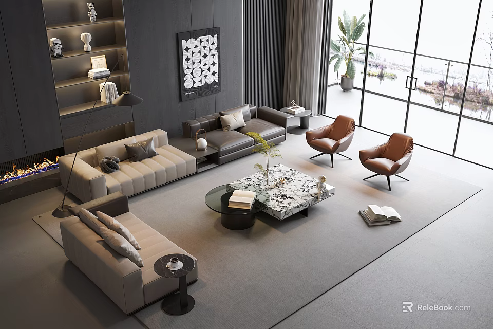 Modern Living Room Sofa Coffee Table Combination With Brown Armchairs And Large Windows 3d model 