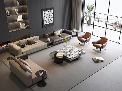 Modern Living Room Sofa Coffee Table Combination With Brown Armchairs And Large Windows 3d model