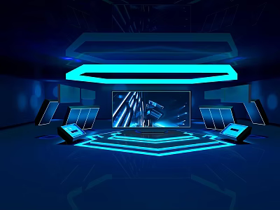 Futuristic Tech Inspired Interior With Circular Neon Lights Multiple Displays And Deep Blue Tones 3d model