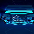 Futuristic Tech Inspired Interior With Circular Neon Lights Multiple Displays And Deep Blue Tones