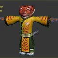 Cartoon Tiger Character In Traditional Yellow Outfit With Lotus Pattern Wide Sleeves And Open Arms