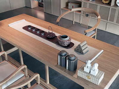 Traditional Chinese Tea Set on Wooden Tea Table with Teapot Teacups and Tea Canisters 3d model