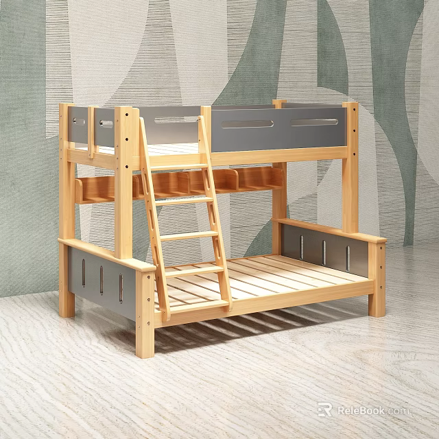 Wooden Kids Bunk Bed With Ladder Upper And Lower Bed Rails 3d model 