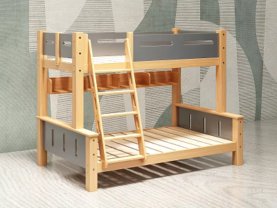 Wooden Kids Bunk Bed With Ladder Upper And Lower Bed Rails 3d model