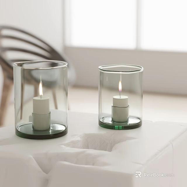 Lit Table Lamp with Glass Shade and White Candle on White Table by Window 3d model 