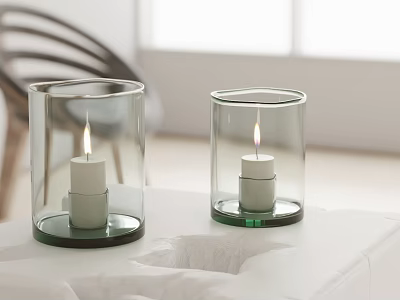 Lit Table Lamp with Glass Shade and White Candle on White Table by Window 3d model