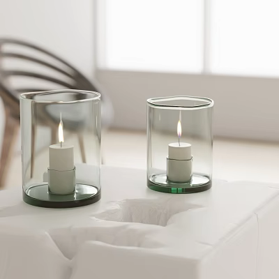 Lit Table Lamp with Glass Shade and White Candle on White Table by Window 3d model