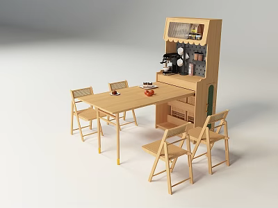 Simple Wooden Sideboard With Glass Shelves Dining Table Chairs And Coffee Machine Setup 3d model