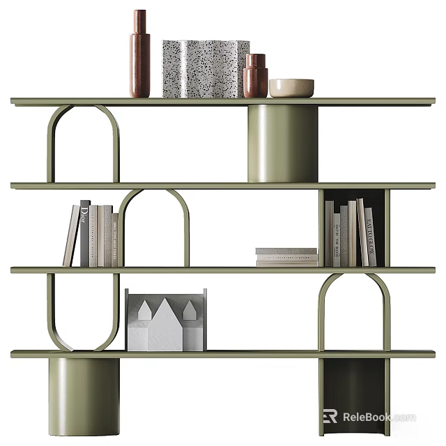 Modern Green Bookcase with Books Decorative Jars and Small Ornaments 3d model 