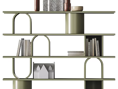 Modern Green Bookcase with Books Decorative Jars and Small Ornaments 3d model