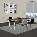 Modern Dining Table Set With Black Chairs Rug Decorative Paintings And City View Through Window