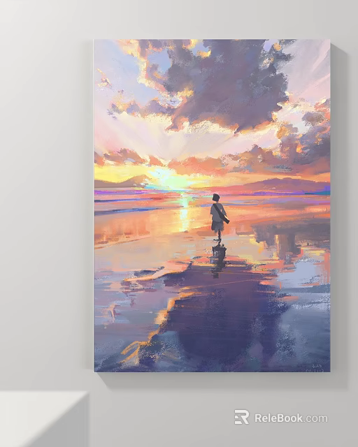 Scenic Landscape Painting Sunset Sky With Colorful Clouds And Person On Beach Water Reflection 3d model 