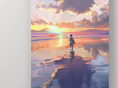 Scenic Landscape Painting Sunset Sky With Colorful Clouds And Person On Beach Water Reflection 3d model