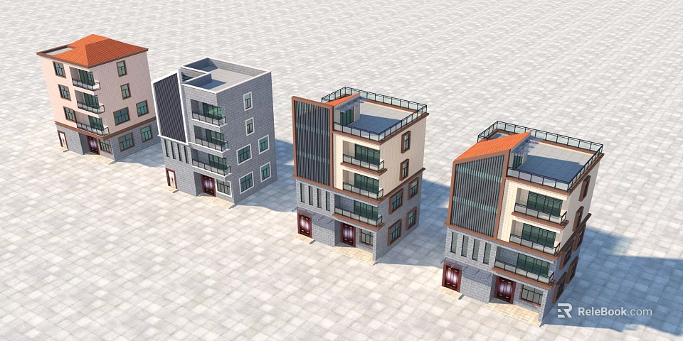 Modern Multi Storey Buildings With Different Exterior Designs Balconies Orange Roofs And Gray Beige Facades 3d model 