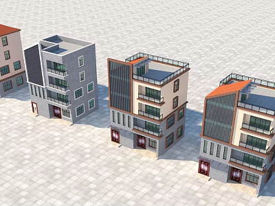 Modern Multi Storey Buildings With Different Exterior Designs Balconies Orange Roofs And Gray Beige Facades 3d model