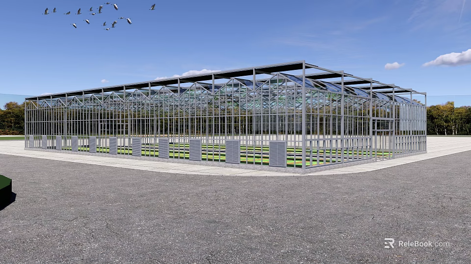 Garden Landscape with Modern Glass Structure Open Space and Flying Birds 3d model 