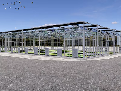 Garden Landscape with Modern Glass Structure Open Space and Flying Birds 3d model