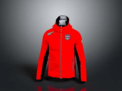 Fashionable Red Hooded Jacket With Zipper Closure Chest Patch And Black Accents 3d model