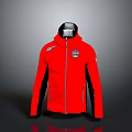 Fashionable Red Hooded Jacket With Zipper Closure Chest Patch And Black Accents
