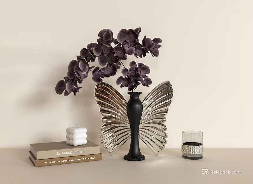 Purple Hydrangea Flowers in Butterfly Shaped Vase with Books and Candle on Table 3d model 