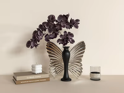 Purple Hydrangea Flowers in Butterfly Shaped Vase with Books and Candle on Table 3d model