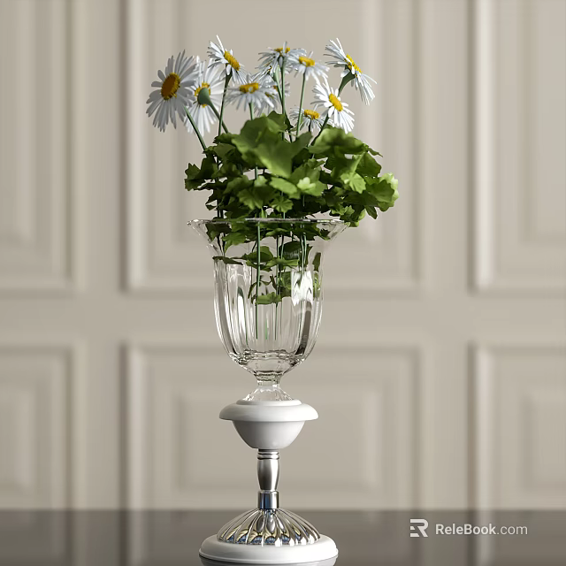 Clear Glass Vase With White Daisies Green Leaves On White Pedestal Against Light Paneled Wall 3d model 