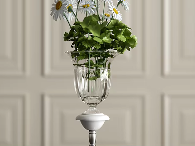 Clear Glass Vase With White Daisies Green Leaves On White Pedestal Against Light Paneled Wall 3d model