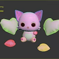Pink Cat Game Character with Heart Shaped Pillows and Cute Design Elements