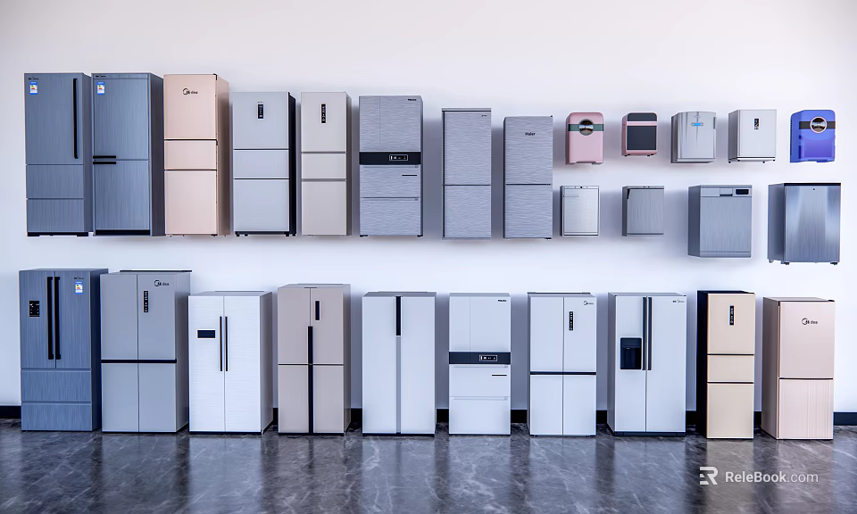 Various Refrigerators And Freezers In Different Colors And Styles Displayed In Modern Showroom 3d model 