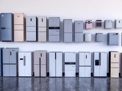 Various Refrigerators And Freezers In Different Colors And Styles Displayed In Modern Showroom 3d model