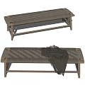 Simple Modern Public Bench With Wooden Frame Woven Seat And Gray Blanket