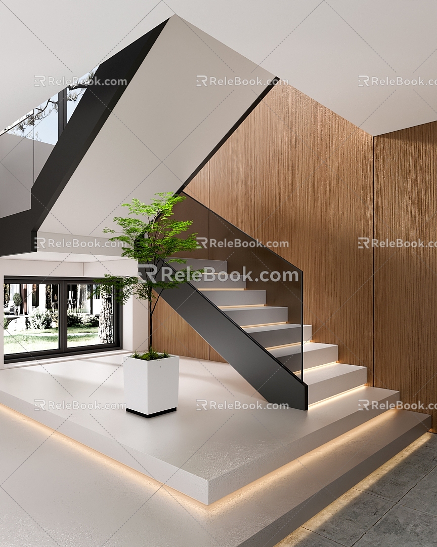 Stair glass handrail stair landscape plant wall panel 3d model