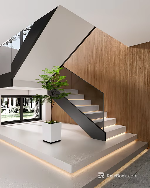 Modern Staircase with Glass Railing Black Frame White Steps Wooden Wall and Potted Plant 3d model 